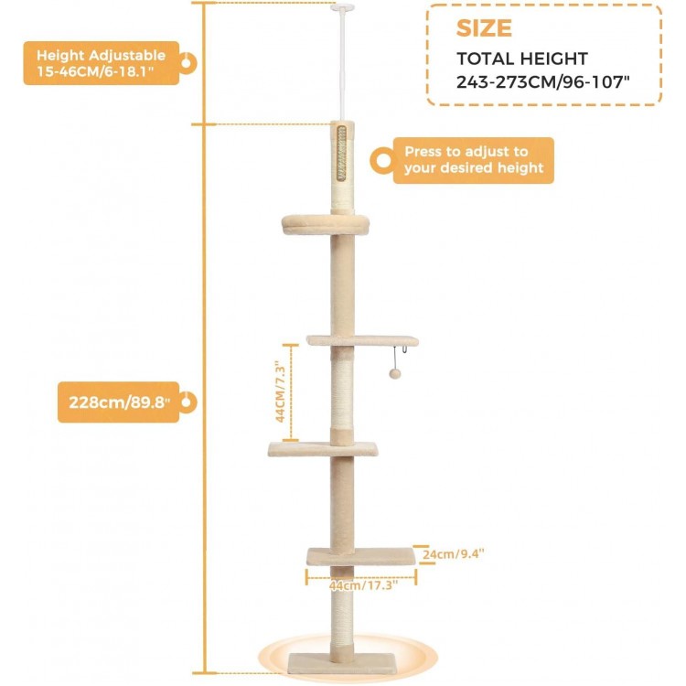 PETEPELA Floor to Ceiling Cat Tree, Cat Tower 5-Tier Height(95-107 Inches) Adjustable, Tall Cat Climbing Tree Featuring with Scratching Post, Cozy Bed,Interactive Ball Toy for Indoor Cats/Kitten Beige