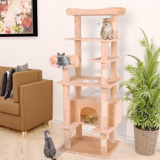 71'' Velvet Cat Climbing Frame, Multi-Level Cats Tree Tower with Scratching Posts, Large Top Padded Perch and Playhouse, Anti-Tipping Devices for Indoor Cats Activity Center (Cream White)