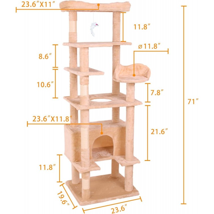 71'' Velvet Cat Climbing Frame, Multi-Level Cats Tree Tower with Scratching Posts, Large Top Padded Perch and Playhouse, Anti-Tipping Devices for Indoor Cats Activity Center (Cream White)