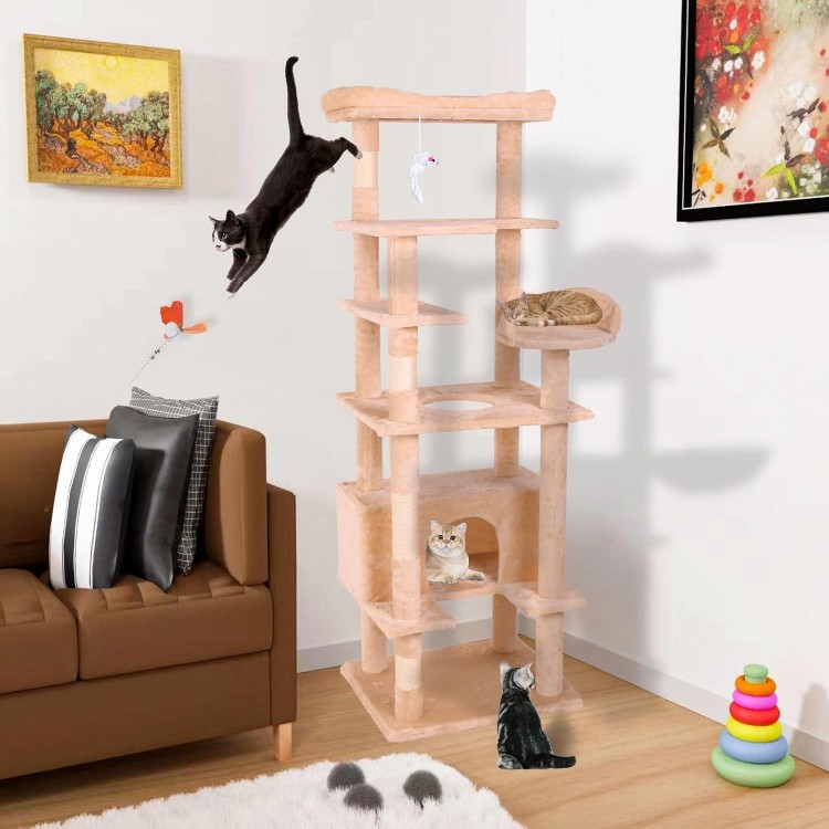 71'' Velvet Cat Climbing Frame, Multi-Level Cats Tree Tower with Scratching Posts, Large Top Padded Perch and Playhouse, Anti-Tipping Devices for Indoor Cats Activity Center (Cream White)