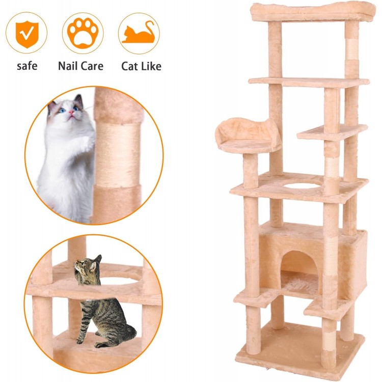 71'' Velvet Cat Climbing Frame, Multi-Level Cats Tree Tower with Scratching Posts, Large Top Padded Perch and Playhouse, Anti-Tipping Devices for Indoor Cats Activity Center (Cream White)