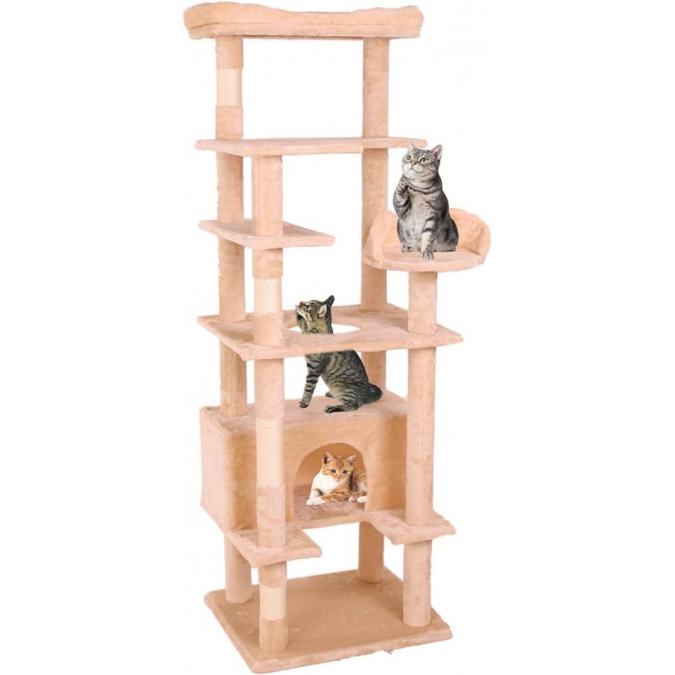 71'' Velvet Cat Climbing Frame, Multi-Level Cats Tree Tower with Scratching Posts, Large Top Padded Perch and Playhouse, Anti-Tipping Devices for Indoor Cats Activity Center (Cream White)