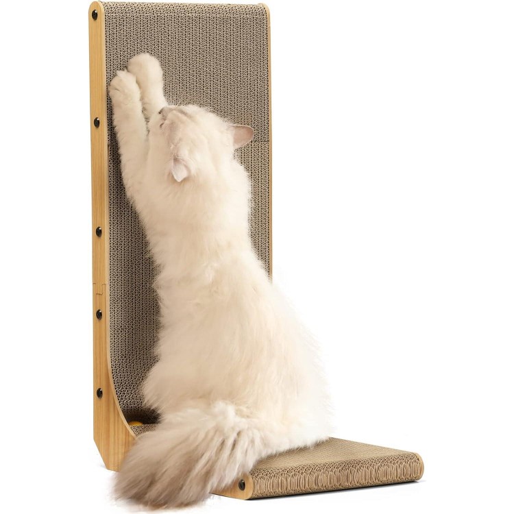 FUKUMARU Cat Scratcher, 26.8 Inch L Shape Cat Scratch Pad Wall Mounted, Cat Scratching Cardboard with Ball Toy for Indoor Cats, Large Size