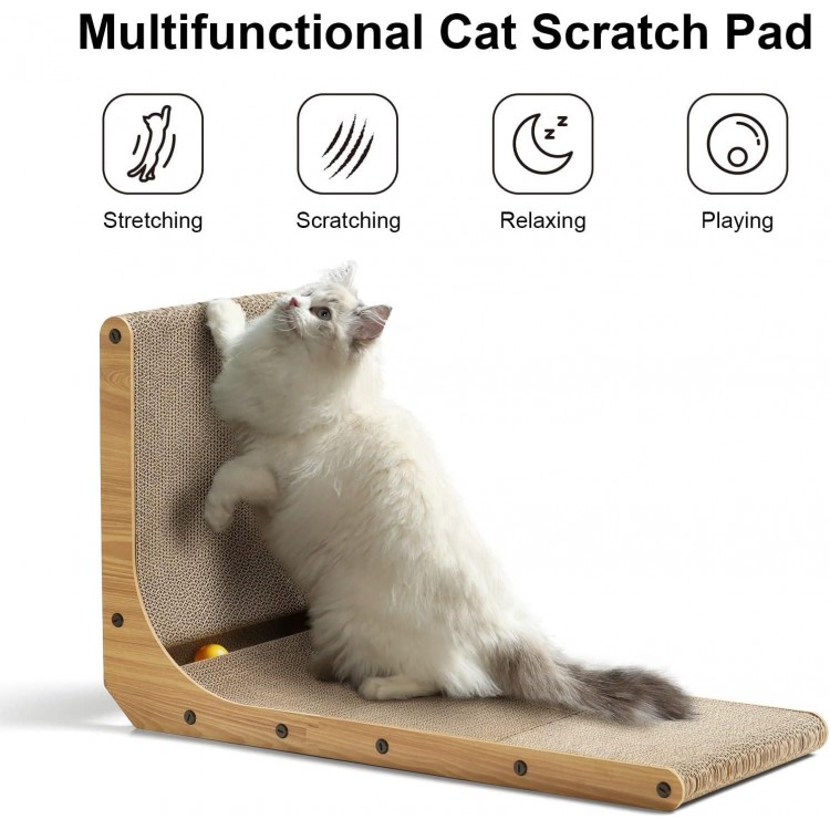 FUKUMARU Cat Scratcher, 26.8 Inch L Shape Cat Scratch Pad Wall Mounted, Cat Scratching Cardboard with Ball Toy for Indoor Cats, Large Size