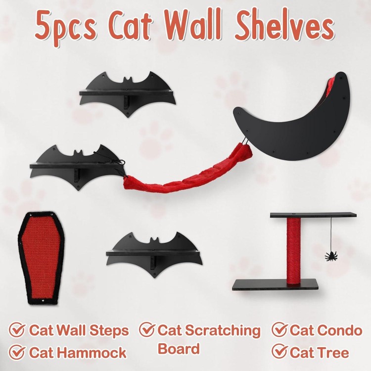 Gothic Cat Wall Shelves 5pcs Wall-Mounted Cat Climber Set Cat Tree Cat Bed with Bridge Ladder Wall Steps Scratching Board Posts Hanging Spider Toy Cat Condo Cat Wall Furniture for Cats