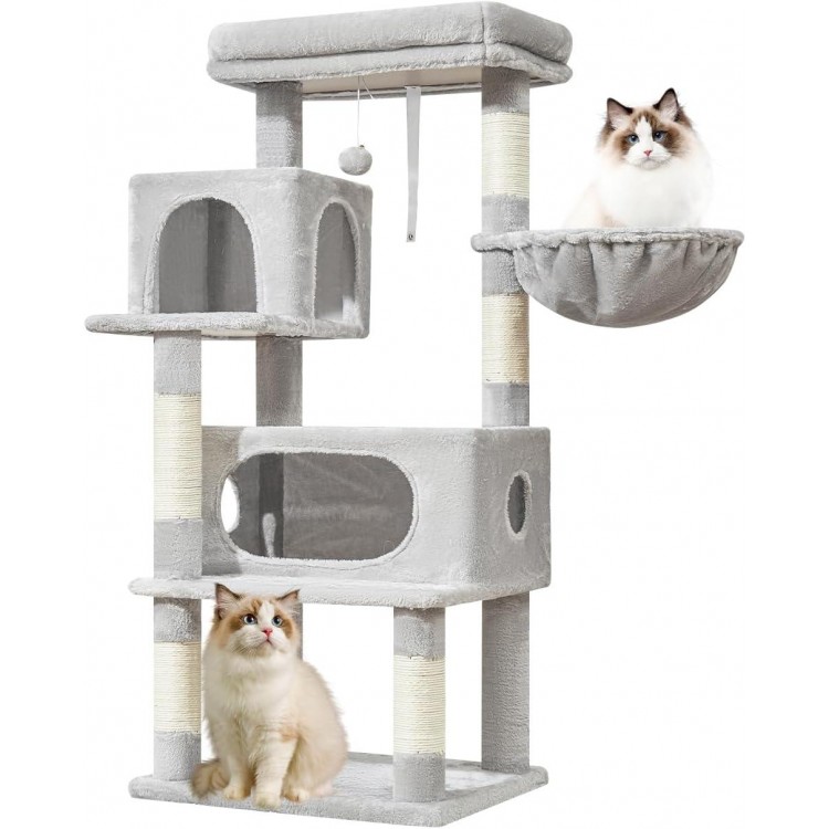 Taoqimiao Cat Tree,48.8-Inch Cat Tower for Indoor Cats,2 Luxurious cat condo with Adjustable Large Hanging Baskets and Large Luxurious Perch Light Gray MS029LW