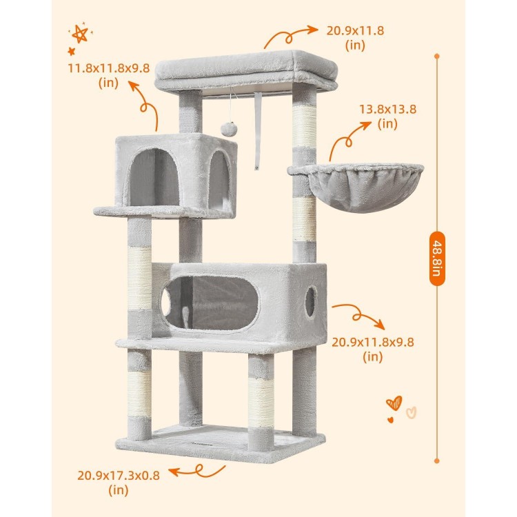 Taoqimiao Cat Tree,48.8-Inch Cat Tower for Indoor Cats,2 Luxurious cat condo with Adjustable Large Hanging Baskets and Large Luxurious Perch Light Gray MS029LW