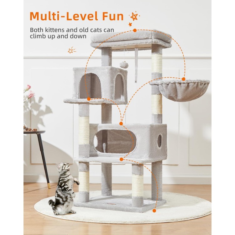 Taoqimiao Cat Tree,48.8-Inch Cat Tower for Indoor Cats,2 Luxurious cat condo with Adjustable Large Hanging Baskets and Large Luxurious Perch Light Gray MS029LW