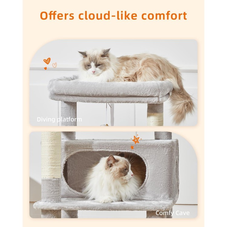 Taoqimiao Cat Tree,48.8-Inch Cat Tower for Indoor Cats,2 Luxurious cat condo with Adjustable Large Hanging Baskets and Large Luxurious Perch Light Gray MS029LW