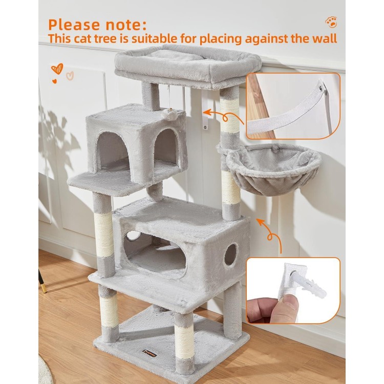 Taoqimiao Cat Tree,48.8-Inch Cat Tower for Indoor Cats,2 Luxurious cat condo with Adjustable Large Hanging Baskets and Large Luxurious Perch Light Gray MS029LW