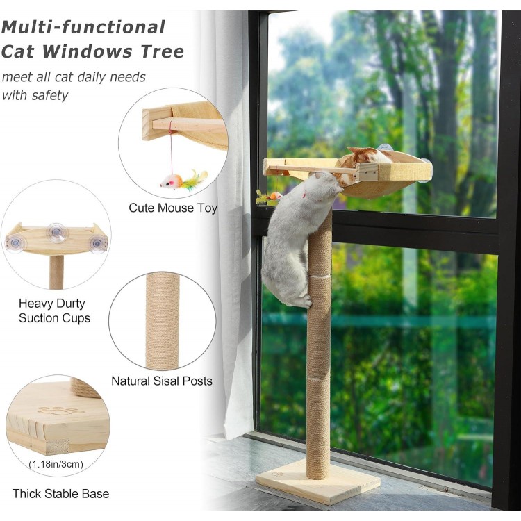 Cat Window Perch with Scratching Posts,Inside Cats Window Bed,46 Climbing Tree Hammmock Mounted with Suction Cups for Sleeping,Playing and Watching Birds