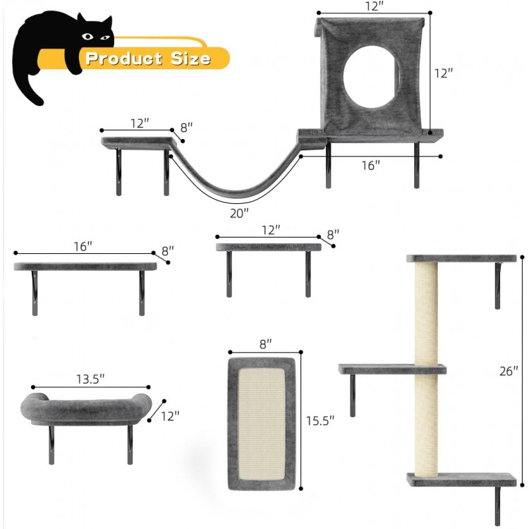 Cat Wall Shelves, 6 Pcs Luxury Wall-Mounted Cat Climber Set, Indoor Cat Furniture with 1 Cat Condos House, 2 Cat Wall Shelves, 1 Cat Scratching Post, 1 Cat Bridge Ladder, 1 Cat Scratching Pad