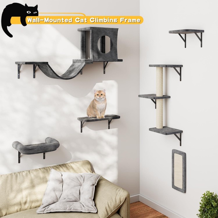 Cat Wall Shelves, 6 Pcs Luxury Wall-Mounted Cat Climber Set, Indoor Cat Furniture with 1 Cat Condos House, 2 Cat Wall Shelves, 1 Cat Scratching Post, 1 Cat Bridge Ladder, 1 Cat Scratching Pad