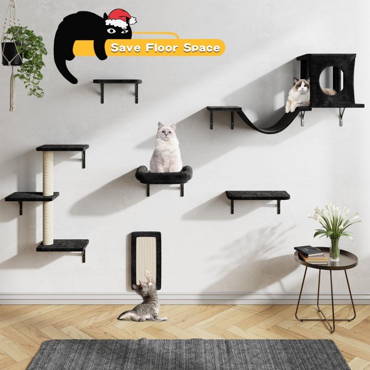 Cat Wall Shelves, 6 Pcs Luxury Wall-Mounted Cat Climber Set, Indoor Cat Furniture with 1 Cat Condos House, 2 Cat Wall Shelves, 1 Cat Scratching Post, 1 Cat Bridge Ladder, 1 Cat Scratching Pad