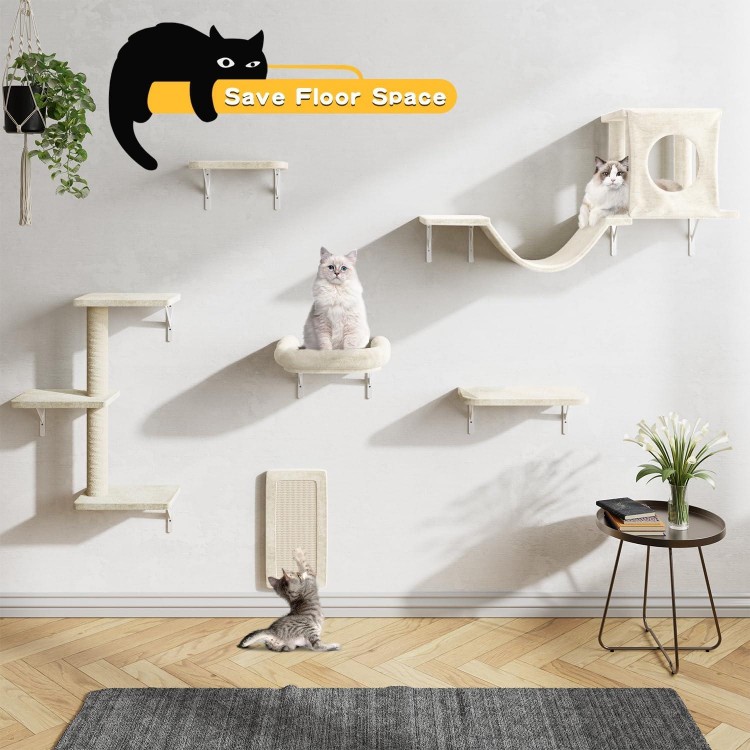 Cat Wall Shelves, 6 Pcs Luxury Wall-Mounted Cat Climber Set, Indoor Cat Furniture with 1 Cat Condos House, 2 Cat Wall Shelves, 1 Cat Scratching Post, 1 Cat Bridge Ladder, 1 Cat Scratching Pad