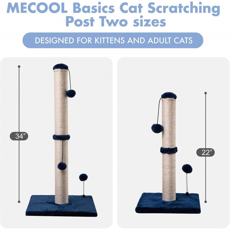 MECOOL 34 Tall Cat Scratching Post Premium Basics Kitten Scratcher Sisal Scratch Posts Trees with Hanging Ball for Indoor Cats (34 inches for Adult Cats, Navy)