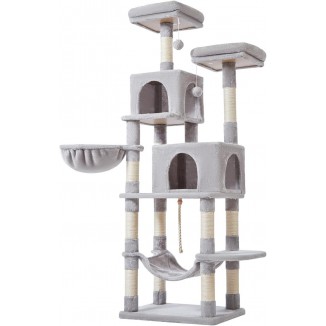 Taoqimiao 66-Inch Cat Tree Cat Tower for Indoor Cats, Plush Multi-Level Cat Condo with 12 Scratching Posts, 2 Perches, 2 Caves, Hammock, 2 Pompoms MS013W Light Gray