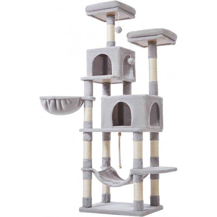 Taoqimiao 66-Inch Cat Tree Cat Tower for Indoor Cats, Plush Multi-Level Cat Condo with 12 Scratching Posts, 2 Perches, 2 Caves, Hammock, 2 Pompoms MS013W Light Gray