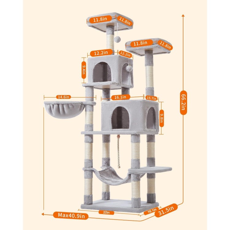 Taoqimiao 66-Inch Cat Tree Cat Tower for Indoor Cats, Plush Multi-Level Cat Condo with 12 Scratching Posts, 2 Perches, 2 Caves, Hammock, 2 Pompoms MS013W Light Gray