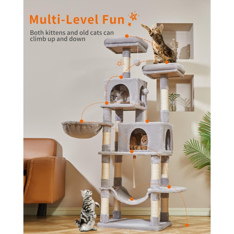 Taoqimiao 66-Inch Cat Tree Cat Tower for Indoor Cats, Plush Multi-Level Cat Condo with 12 Scratching Posts, 2 Perches, 2 Caves, Hammock, 2 Pompoms MS013W Light Gray