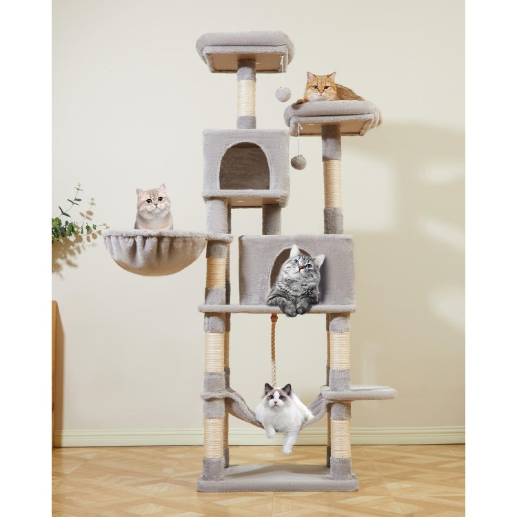 Taoqimiao 66-Inch Cat Tree Cat Tower for Indoor Cats, Plush Multi-Level Cat Condo with 12 Scratching Posts, 2 Perches, 2 Caves, Hammock, 2 Pompoms MS013W Light Gray