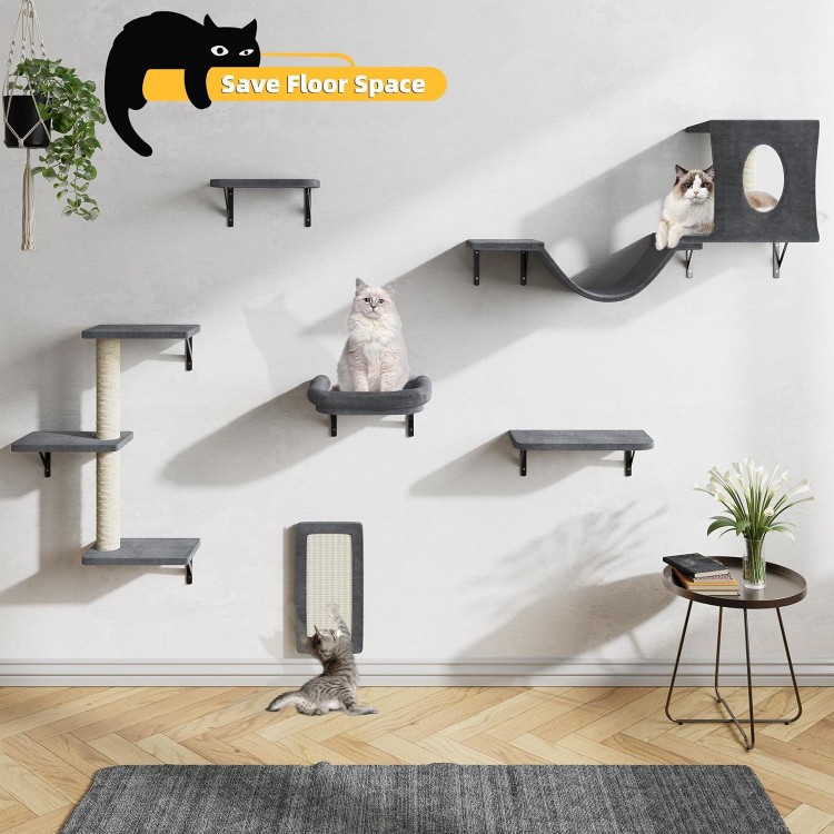 Wall Mounted Cat Furniture, 6pc Cat Wall Furniture, Cat Climber with Cat House, Bridge, Tree, Steps, and Scratcher, DIY Cat Walls Playground, Cat Shelves for Indoor Wall Furniture Set - Dark