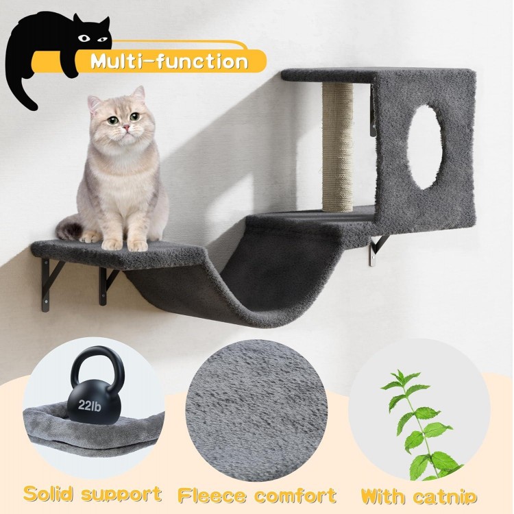 Wall Mounted Cat Furniture, 6pc Cat Wall Furniture, Cat Climber with Cat House, Bridge, Tree, Steps, and Scratcher, DIY Cat Walls Playground, Cat Shelves for Indoor Wall Furniture Set - Dark