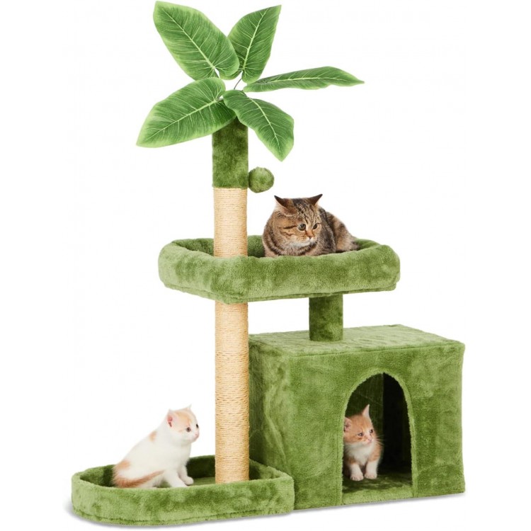 31.5 Cat Tree/Tower for Indoor Cats with Green Leaves, Cat Condo Cozy Plush Cat House with Hang Ball and Leaf Shape Design, Cat Furniture Pet House with Cat Scratching Posts, Green