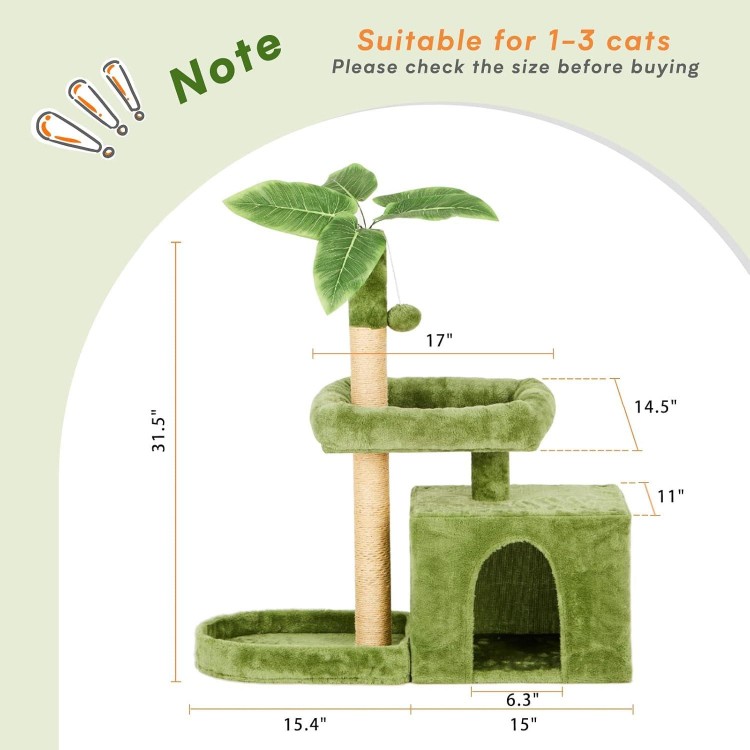 31.5 Cat Tree/Tower for Indoor Cats with Green Leaves, Cat Condo Cozy Plush Cat House with Hang Ball and Leaf Shape Design, Cat Furniture Pet House with Cat Scratching Posts, Green