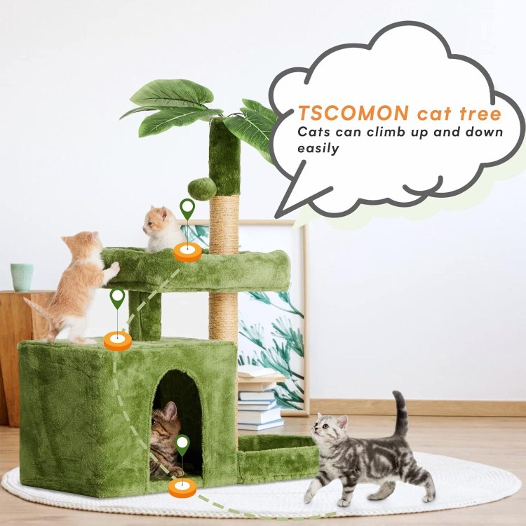 31.5 Cat Tree/Tower for Indoor Cats with Green Leaves, Cat Condo Cozy Plush Cat House with Hang Ball and Leaf Shape Design, Cat Furniture Pet House with Cat Scratching Posts, Green