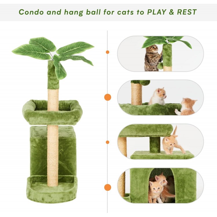 31.5 Cat Tree/Tower for Indoor Cats with Green Leaves, Cat Condo Cozy Plush Cat House with Hang Ball and Leaf Shape Design, Cat Furniture Pet House with Cat Scratching Posts, Green