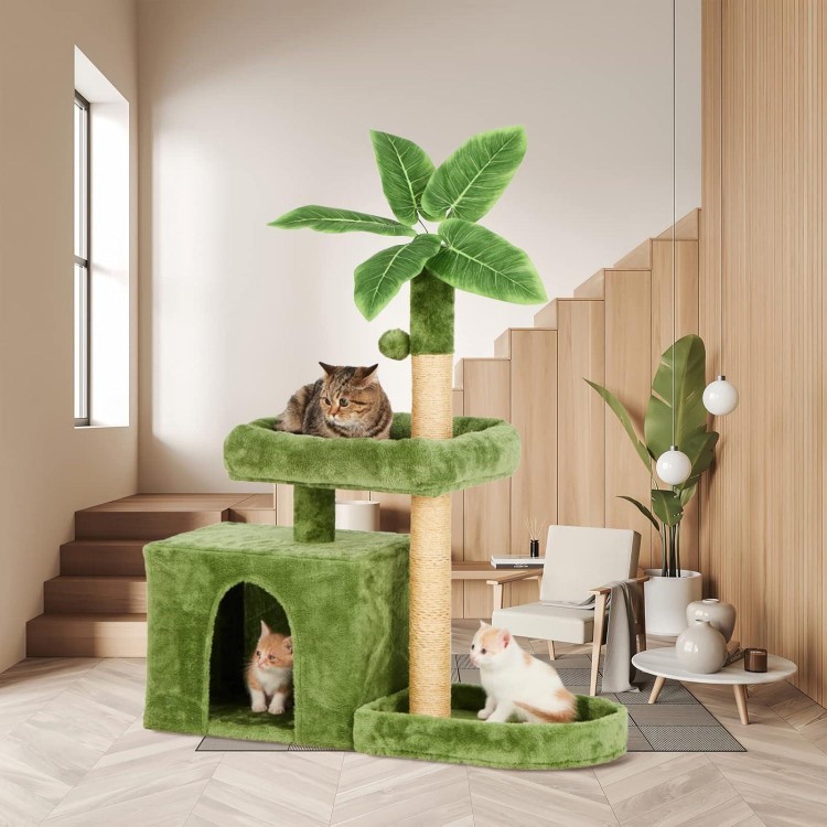 31.5 Cat Tree/Tower for Indoor Cats with Green Leaves, Cat Condo Cozy Plush Cat House with Hang Ball and Leaf Shape Design, Cat Furniture Pet House with Cat Scratching Posts, Green