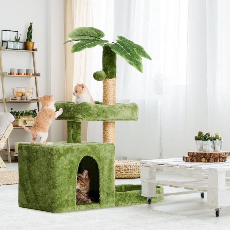 31.5 Cat Tree/Tower for Indoor Cats with Green Leaves, Cat Condo Cozy Plush Cat House with Hang Ball and Leaf Shape Design, Cat Furniture Pet House with Cat Scratching Posts, Green