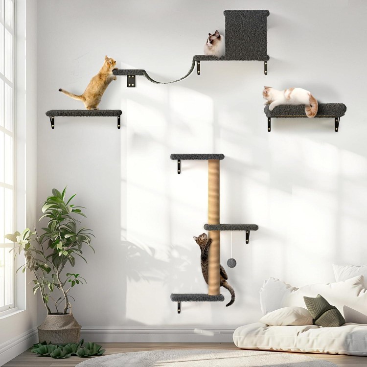 FUKUMARU Cat Wall Shelves, Stable & Safe 4 in 1 Large Cat Wall Furniture Set, Wooden Cat Climbing Wall with Scratching Post for 16 Inch Drywall - Gray