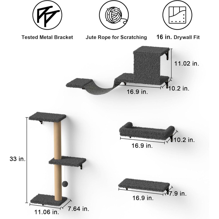 FUKUMARU Cat Wall Shelves, Stable & Safe 4 in 1 Large Cat Wall Furniture Set, Wooden Cat Climbing Wall with Scratching Post for 16 Inch Drywall - Gray