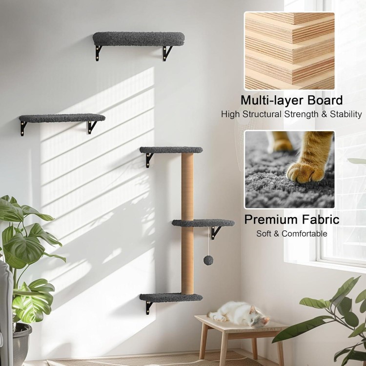 FUKUMARU Cat Wall Shelves, Stable & Safe 4 in 1 Large Cat Wall Furniture Set, Wooden Cat Climbing Wall with Scratching Post for 16 Inch Drywall - Gray