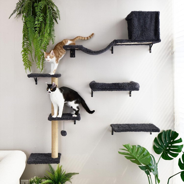 FUKUMARU Cat Wall Shelves, Stable & Safe 4 in 1 Large Cat Wall Furniture Set, Wooden Cat Climbing Wall with Scratching Post for 16 Inch Drywall - Gray