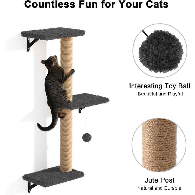 FUKUMARU Cat Wall Shelves, Stable & Safe 4 in 1 Large Cat Wall Furniture Set, Wooden Cat Climbing Wall with Scratching Post for 16 Inch Drywall - Gray