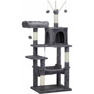 Outvita Cat Tree, 57 Inch Plush Cats Tower for Indoor Pets with Sisal Scratching Post, Large Cat Condo Climbing Frame with Multi Level Jumping Platform, Hammock, Toy Balls (Dark Gray)