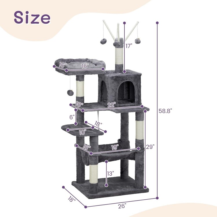 Outvita Cat Tree, 57 Inch Plush Cats Tower for Indoor Pets with Sisal Scratching Post, Large Cat Condo Climbing Frame with Multi Level Jumping Platform, Hammock, Toy Balls (Dark Gray)