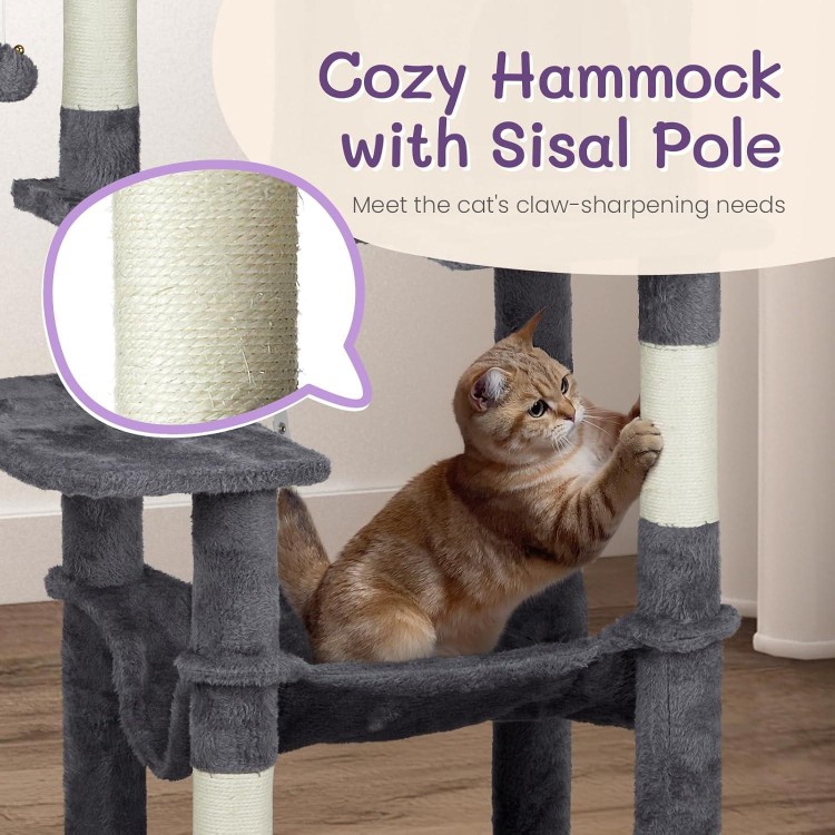 Outvita Cat Tree, 57 Inch Plush Cats Tower for Indoor Pets with Sisal Scratching Post, Large Cat Condo Climbing Frame with Multi Level Jumping Platform, Hammock, Toy Balls (Dark Gray)