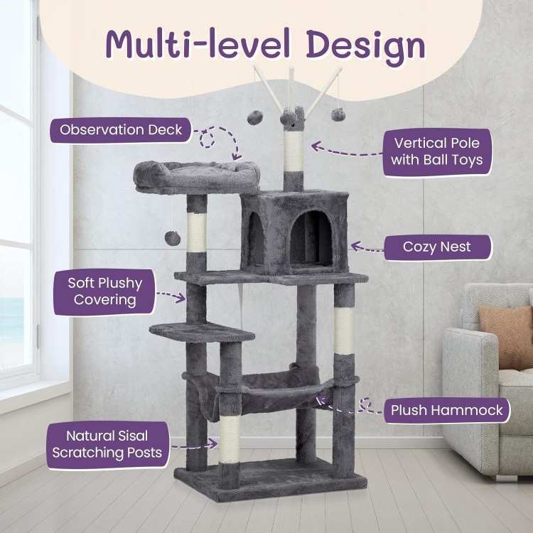 Outvita Cat Tree, 57 Inch Plush Cats Tower for Indoor Pets with Sisal Scratching Post, Large Cat Condo Climbing Frame with Multi Level Jumping Platform, Hammock, Toy Balls (Dark Gray)