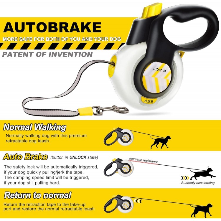 Fida AutoBrake Retractable Dog Leash. Advanced Patented Design for Dog Pulling, 16 ft Heavy Duty No Pull Pet Walking Leash for Extra Large Breeds. Tangle Free, Soft Grip, X-Large Size.