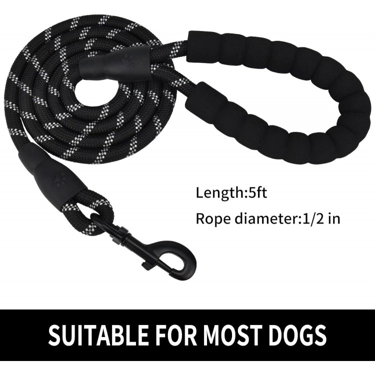 5/6 FT Strong Pet Dog Leash with Soft Padded Handle,Highly Reflective Rope for Night Walking,360-Degree Rotating Metal Buckle Without Tangles,Suitable for Small,Medium and Large Dogs.(5ft)