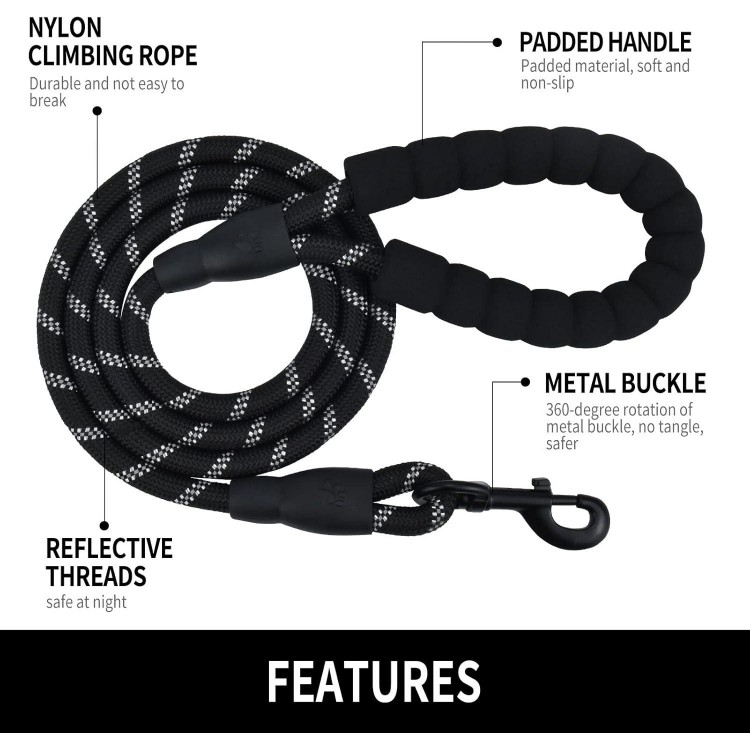 5/6 FT Strong Pet Dog Leash with Soft Padded Handle,Highly Reflective Rope for Night Walking,360-Degree Rotating Metal Buckle Without Tangles,Suitable for Small,Medium and Large Dogs.(5ft)