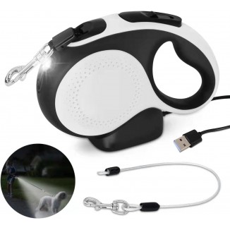 Retractable Dog Leash with Rechargeable LED Light for Night Walks, 16FT Dog Walking Leash with Chew Proof Cable, Tangle-Free for Dog ups to 66lbs (White)