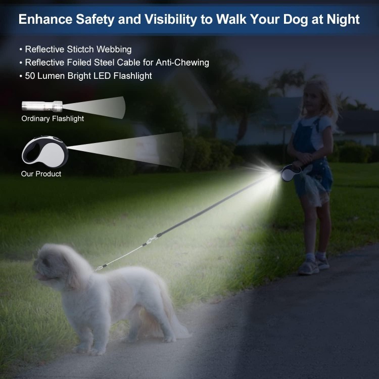 Retractable Dog Leash with Rechargeable LED Light for Night Walks, 16FT Dog Walking Leash with Chew Proof Cable, Tangle-Free for Dog ups to 66lbs (White)