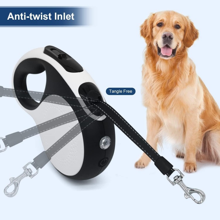 Retractable Dog Leash with Rechargeable LED Light for Night Walks, 16FT Dog Walking Leash with Chew Proof Cable, Tangle-Free for Dog ups to 66lbs (White)