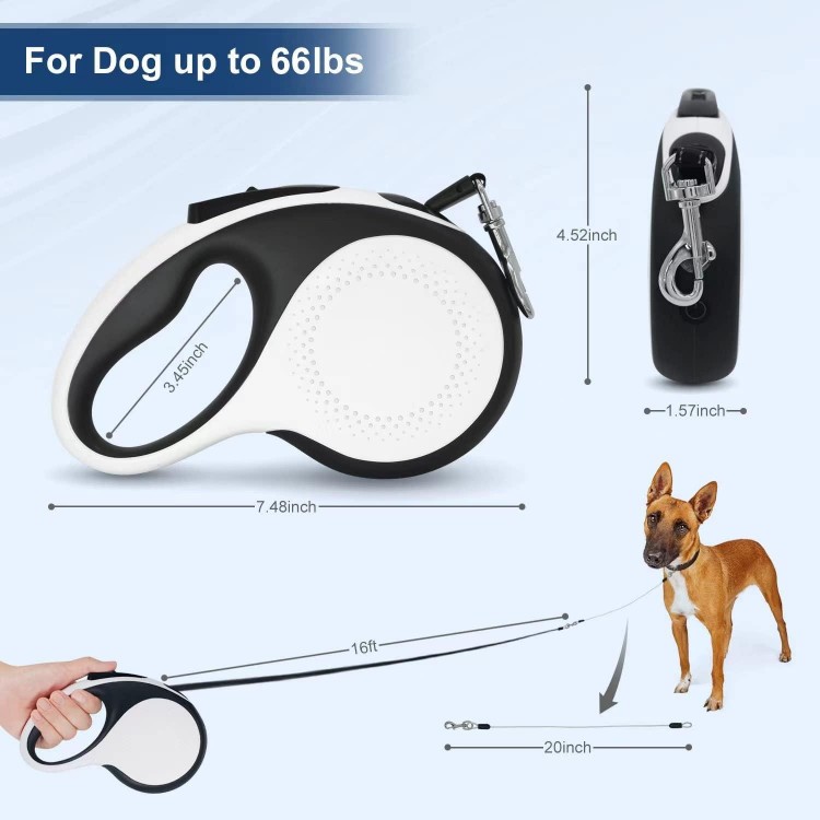 Retractable Dog Leash with Rechargeable LED Light for Night Walks, 16FT Dog Walking Leash with Chew Proof Cable, Tangle-Free for Dog ups to 66lbs (White)