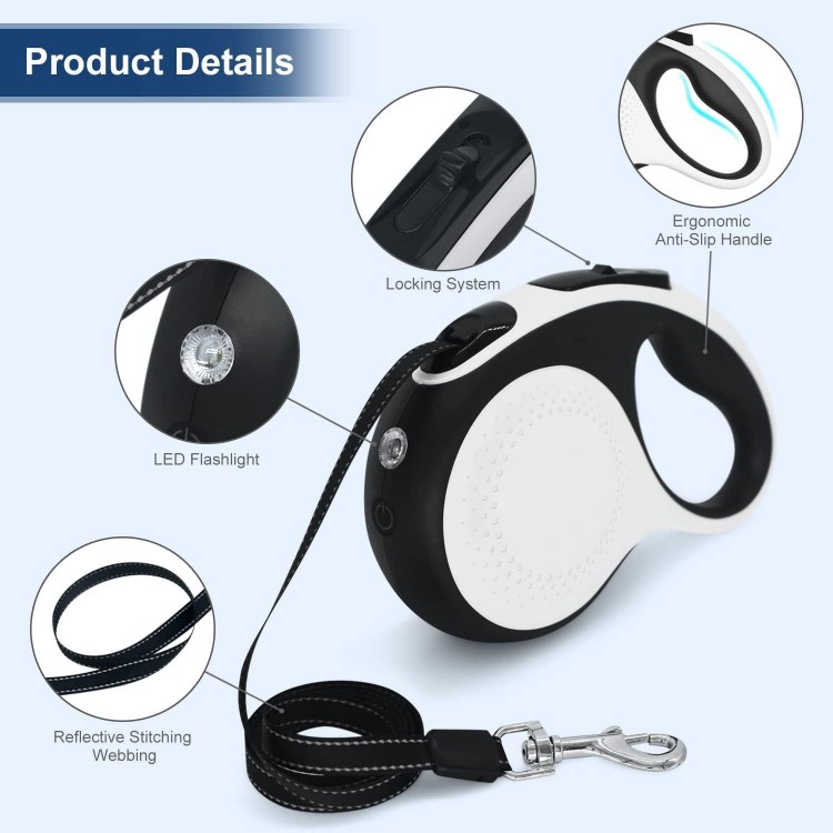 Retractable Dog Leash with Rechargeable LED Light for Night Walks, 16FT Dog Walking Leash with Chew Proof Cable, Tangle-Free for Dog ups to 66lbs (White)